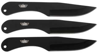 3 pack of black stainless steel plain edge throwing knives from Uzi, featuring a leather sheath.